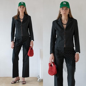 Pinstripe Pant Suit | vintage secondhand preloved pre-owned matching fine wool blend tailored hip length blazer low rise straight pants XS-S