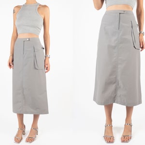 ARMANI CARGO SKIRT | vintage secondhand preloved pre-owned light gray grey designer cargo pocket mini maxi skirt, m-l, made in italy y2k