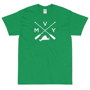 May include: A green t-shirt with a white graphic of two crossed oars with the letters "V" and "Y" on the oars and the letters "M" on the left oar and "Y" on the right oar. The graphic also includes a white outline of the state of Virginia.