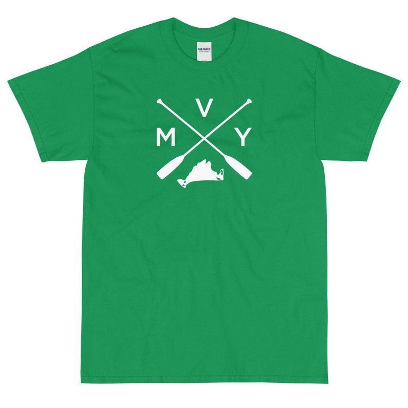 May include: A green t-shirt with a white graphic of two crossed oars with the letters "V" and "Y" on the oars and the letters "M" on the left oar and "Y" on the right oar. The graphic also includes a white outline of the state of Virginia.