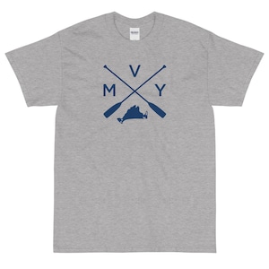 May include: Gray short-sleeved t-shirt with a navy blue graphic of a stylized outline of the state of Virginia with crossed oars and the letters "M V Y" above the state.