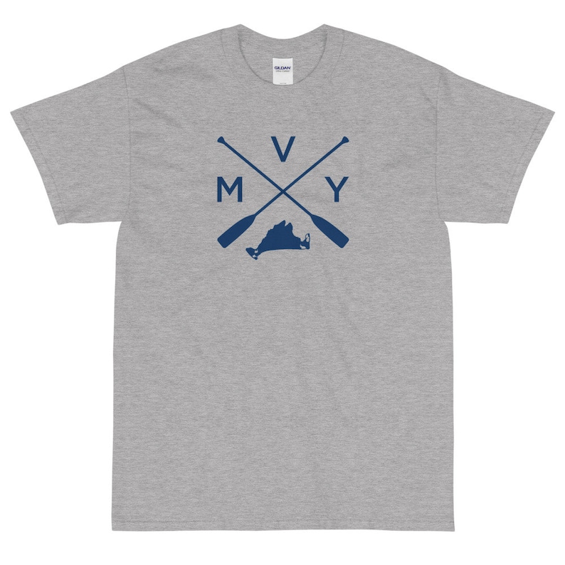 May include: Gray short-sleeved t-shirt with a navy blue graphic of a stylized outline of the state of Virginia with crossed oars and the letters "M V Y" above the state.