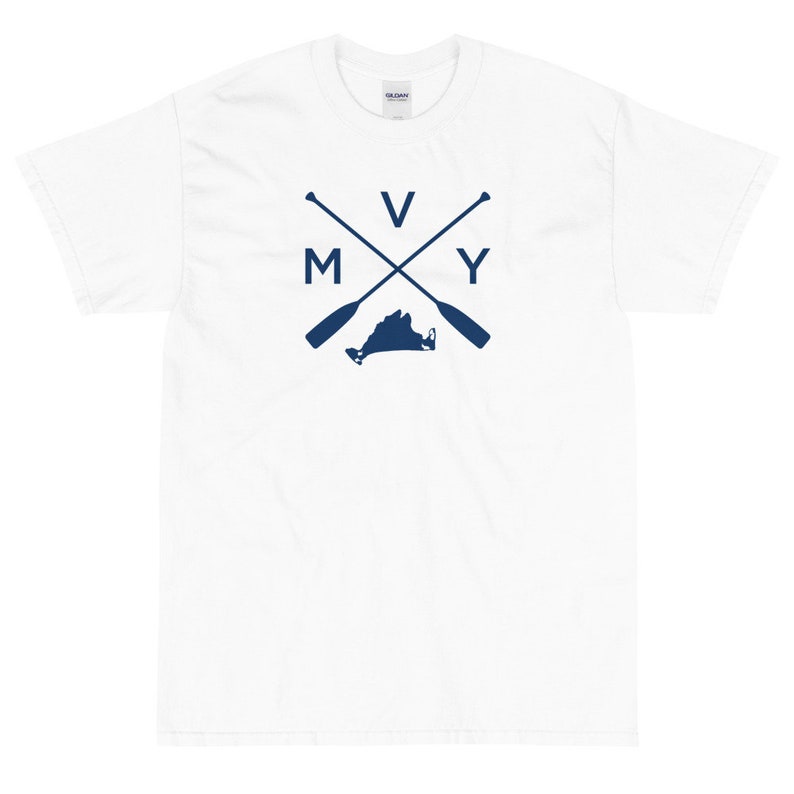 May include: White t-shirt with a navy blue graphic of a crossed pair of oars with the letters "M V Y" and a silhouette of the state of Virginia.