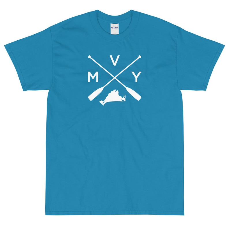 May include: A turquoise blue t-shirt with a white graphic design. The graphic features a silhouette of the state of Virginia with two crossed oars and the letters "M V Y" above the state.