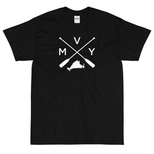 May include: Black t-shirt with a white graphic design of a crossed pair of oars with the letters "V" and "Y" on either side of the oars and the letters "M" on the left and "Y" on the right. The graphic also includes an outline of the state of Virginia.