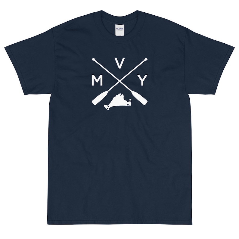 May include: Navy blue t-shirt with a white graphic of a crossed pair of oars with the letters "MY" and "V" on either side of the oars. The graphic also includes the outline of the state of Virginia.
