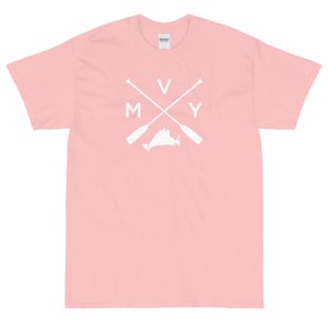 May include: A pink t-shirt with a white graphic of a crossed pair of oars with the letters "M V Y" and an outline of the state of Virginia.