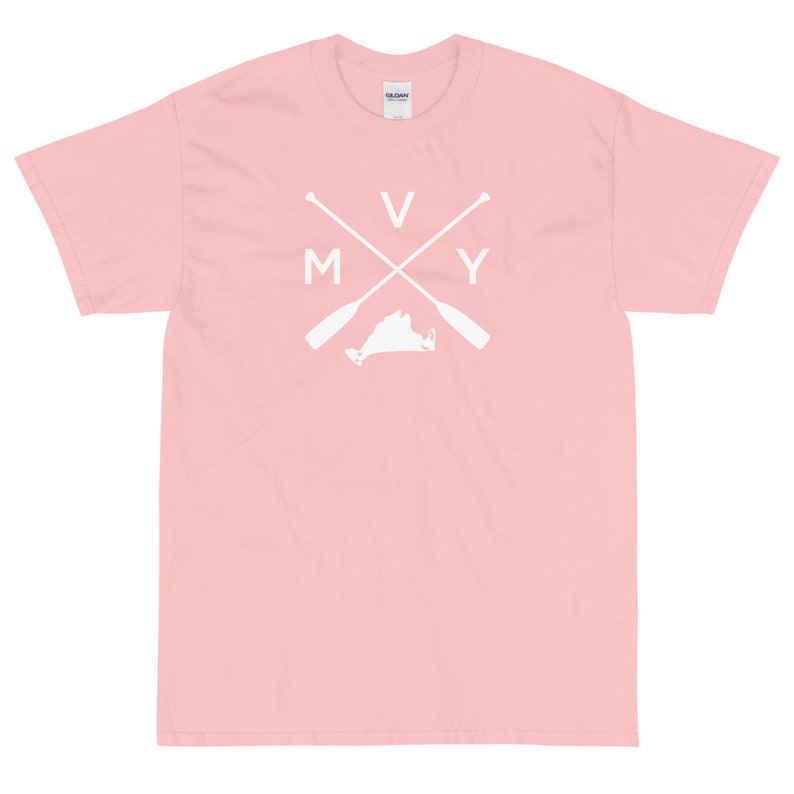 May include: A pink t-shirt with a white graphic of a crossed pair of oars with the letters "M V Y" and an outline of the state of Virginia.
