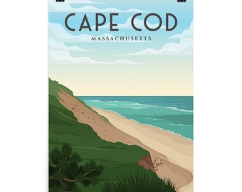 May include: A retro-style travel poster featuring a scenic view of a sandy beach with a green grassy dune and blue ocean waves. The poster has the text "CAPE COD MASSACHUSETTS" at the top.