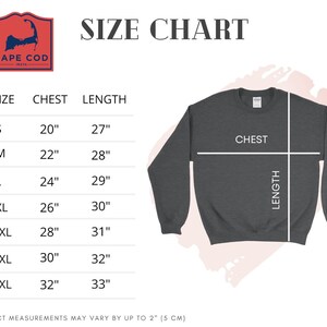 May include: A size chart for a gray sweatshirt, with chest and length measurements in inches. The chart includes sizes S to 4XL, with chest measurements ranging from 20" to 32" and lengths from 27" to 33". A Cape Cod logo is in the upper left corner.