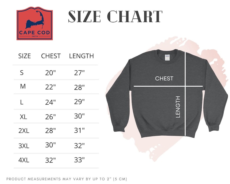May include: A size chart for a gray sweatshirt, with chest and length measurements in inches. The chart includes sizes S to 4XL, with chest measurements ranging from 20" to 32" and lengths from 27" to 33". A Cape Cod logo is in the upper left corner.