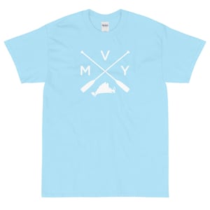 May include: A light blue t-shirt with a white graphic design. The graphic features a stylized outline of the state of Virginia with two crossed oars and the letters "M V Y" above the state.