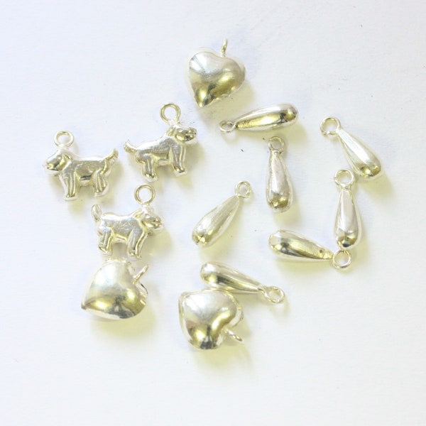 Assorted Charms, Bulk Lot Sterling silver small size mixed antique heart, Dog, Droplet charms, Jewelry Findings.