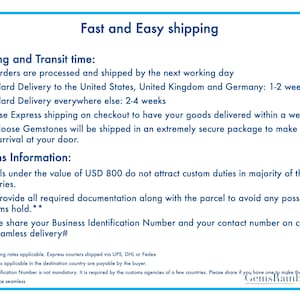 May include: A white informational graphic with a blue border containing text about shipping and customs policies for loose gemstones. The text includes headings for Fast and Easy shipping, Shipping and Transit time, and Customs Information.