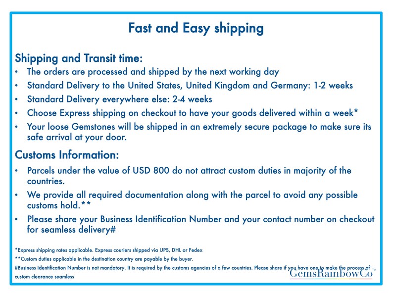 May include: A white informational graphic with a blue border containing text about shipping and customs policies for loose gemstones. The text includes headings for Fast and Easy shipping, Shipping and Transit time, and Customs Information.