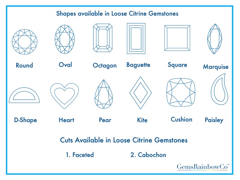 Puede incluir: Diagrama que muestra las diferentes formas y cortes disponibles para piedras preciosas de citrino sueltas. Las formas incluyen redonda, ovalada, octogonal, baguette, cuadrada, marquesa, en forma de D, coraz&oacute;n, pera, cometa, coj&iacute;n y paisley. Los cortes incluyen facetado y cabuj&oacute;n.
