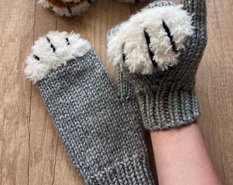 Manoplas grises con forma de pata de gato, guantes de ganchillo esponjosos para gatitos, accesorios de cosplay de anime kawaii, calentadores de manos de invierno con diseño de animales peludos, regalo adorable para amantes de los gatos