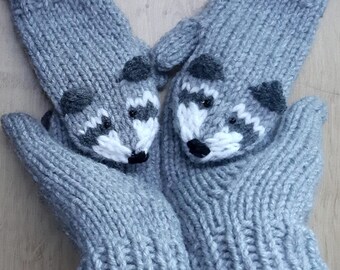 Animal mittens  with Raccoons Matching knit gloves Couple look Mommy and me set