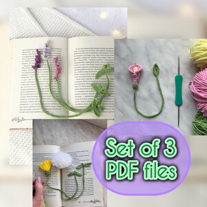 Crochet Flower Bookmark Patterns Bundle, Set of 3 Botanical Page Markers PDF, Lavender Calla Lily Dandelion DIY Tutorial, Bookish Craft Set