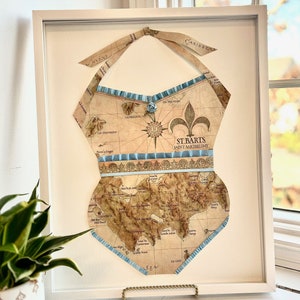 Vintage Style St. Barts Map Bathing Suit, Vacation Framed Art, Beachy Decor, Caribbean Art Work, Beach House Decor, Gift For Beach Lover