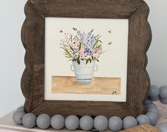 Mini Hand Painted Watercolor Floral Painting, Framed Custom Watercolor, Wildflowers And Bees, Nursery Shelf Decor, Wildflower Nursery