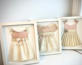 French Paper Dress Wall Art Trio, French Ephemera Wall Hanging, Vintage Paris Nursery, Pink Baby Girl Room Decor Set of 3, Vintage France
