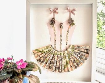 Arte de pared con vestido de tutú de bailarina con mapa de París, regalo de bailarina, colgante de pared con temática de ballet para guardería, arte de caja de sombras de ballet en 3D, zapatillas de punta