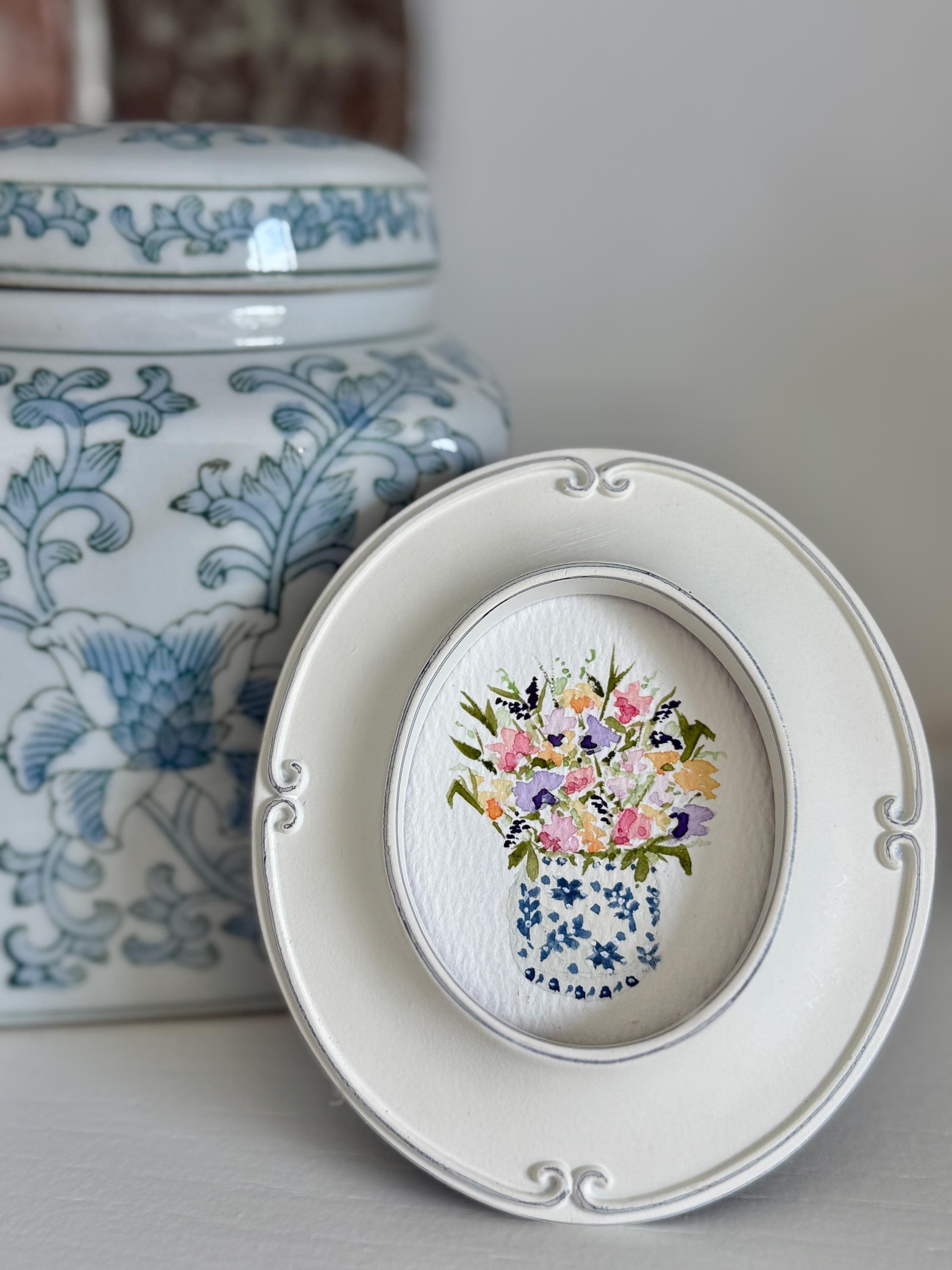 Mini Custom Framed Watercolor Painting, Hand Painted Custom Watercolor, Flowers In Chinoiserie Vase, Blue And White, Nursery Shelf Decor