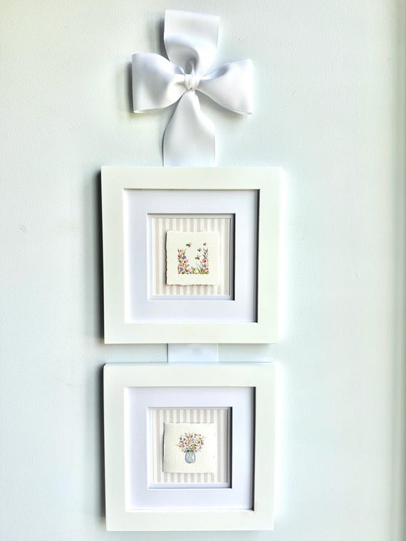 Hand Painted Custom Watercolor Set Of Two With Bow, Decorative Nursery Floral Art, Mini Paintings, Mini Framed Painting, Nursery Shelf Decor
