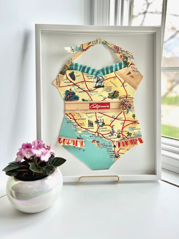 California Paper Bathing Suit Gift, Vintage California Map Art, Beach Nursery Decor, West Coast Artwork, Girl Travel Art, Paper Swim Suit
