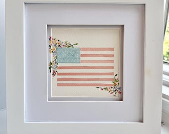 Framed American Flag Floral Original Painting, Mini Watercolor Artwork, Cottage Core Nursery Art, Gift For Military Baby, Vintage Patriotic