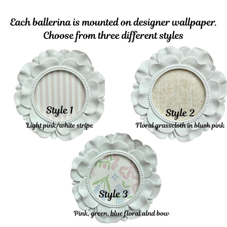 May include: Three white circular frames with scalloped petal edges, each containing different designer wallpaper. Style 1 features light pink and white stripes, Style 2 has blush pink floral grasscloth, and Style 3 displays a pink, green, and blue floral pattern.