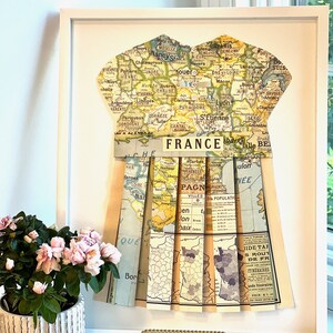 Vintage Style France Map Dress Wall Art. French Nursery Decor. Framed Paper Dress. Baby Girl French Art. Shower Paris Gift. Grandmillenial