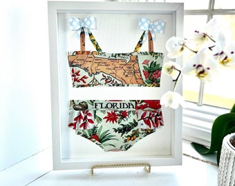 Florida Paper Bathing Suit Art, Hand Folded Florida Map, Vintage Style Coastal Wall Decor, Florida Nursery Decor, Baby Florida Wall Hanging