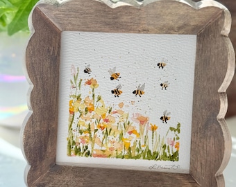 Mini Custom Watercolor Painting, Hand Painted Custom Watercolor, Wildflowers And Bees, Framed Bugs, Nursery Shelf Decor, Nature Lover Gift
