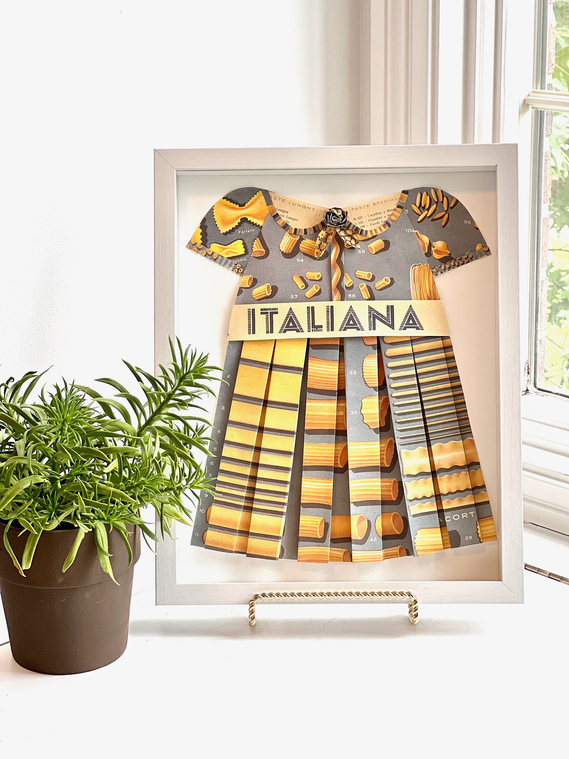 Italian Pasta Paper Print 3D Dress Wall Art, Italy Food Kitchen Decor, Foodie Girl Hanging, Gift For Cook, Origami Dress