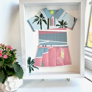 Tennis Girl Paper Dress Wall Hanging, Tennis Girl Gift, Sport Kid Room Art, Tennis Nursery Decor, Tennis Court Poster Art, Pink Palm Tree
