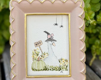 Spooky Goose Custom Watercolor Mini Painting, Framed Girl Fall Gift, Witch Pumpkin Art, Halloween Nursery Decor, Pink Halloween, Bow Art