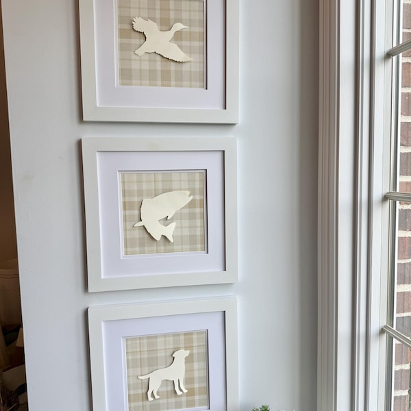 Mallard Dog Fish Set Of 3 Wall Art, Boy Nursery Dogs Art, Vintage Nursery Art, Duck Hunting Baby, Plaid Boy Nursery Decor, Gingham Baby Gift
