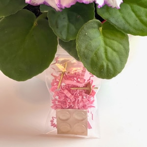 May include: A clear plastic bag filled with pink crinkle paper and small gold-colored hardware. The bag is sitting on a white surface.