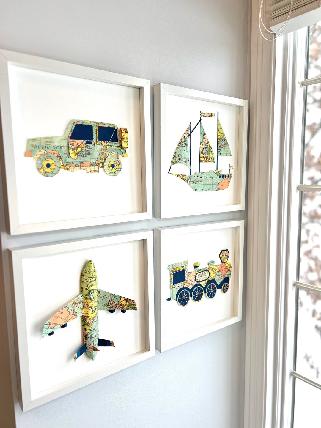 Travel Nursery Decor, World Map Kid Room 3D Art, Adventure Baby Wall Art 4, Train Jeep Plane Car