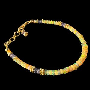Natural Opal Bracelet, Golden Ethiopian Opal And Tanzanite Beads Designer Bracelet, Handmade Opal Jewelry, Multi Fire Opal Gemstone Bracelet