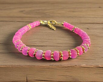 Pink Opal Beaded Bracelet: Ethiopian Gemstone, Gold & Silver Finish