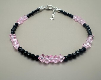 Handmade Pink Topaz and Black Spinel Sterling Silver Bracelet, Dainty Gemstone Stacking Jewelry