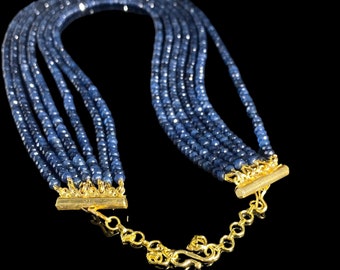 7 Line Blue Sapphire Roundel Bead Necklace, Gold Finish