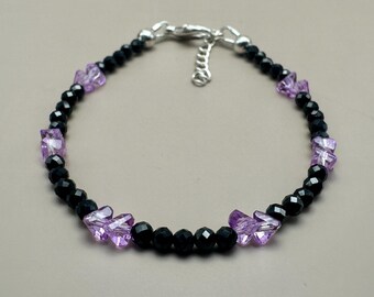 Black Spinel and Purple Topaz Beads Bracelet - Uncut Gemstones & Handmade 925 Sterling Silver Bracelet