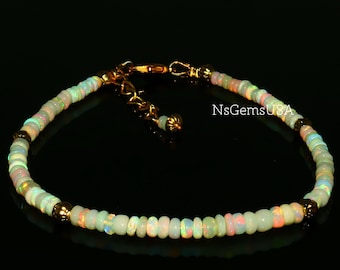 White Ethiopian Opal Bracelet: Rainbow Fire Beaded, Gold & Silver Filled