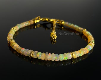 Natural Golden Ethiopian Opal Beaded Dainty Bracelet, AAA Grade Opal Bracelet, Multi Color Fire Opal Bracelet, Genuine Opal Jewelry