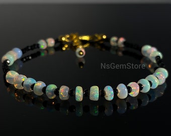 Ethiopian Opal and Black Spinel Bracelet, AAA Grade Opal 925 Sterling Silver Bracelet, Multi Color Fire Opal Bracelet, Genuine Fire Opal