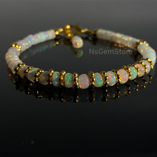 Pulsera de cuentas de ópalo etíope, cuentas de fuego arcoíris AAA, joyería de piedras preciosas hecha a mano, pulsera de regalo, pulsera de piedra de nacimiento, regalo para ella